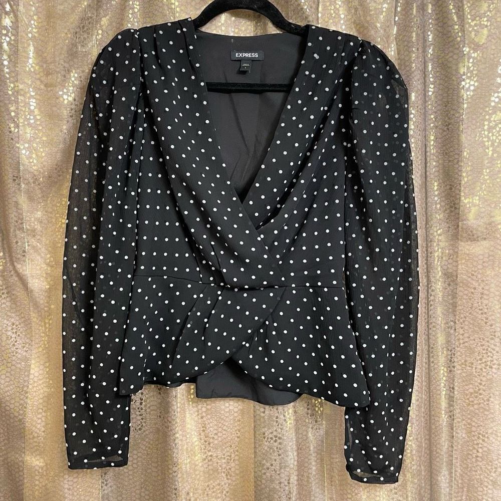 Express Black White Sheer Sleeve Polka Dot‎ Surplice Top Puff Sleeve S